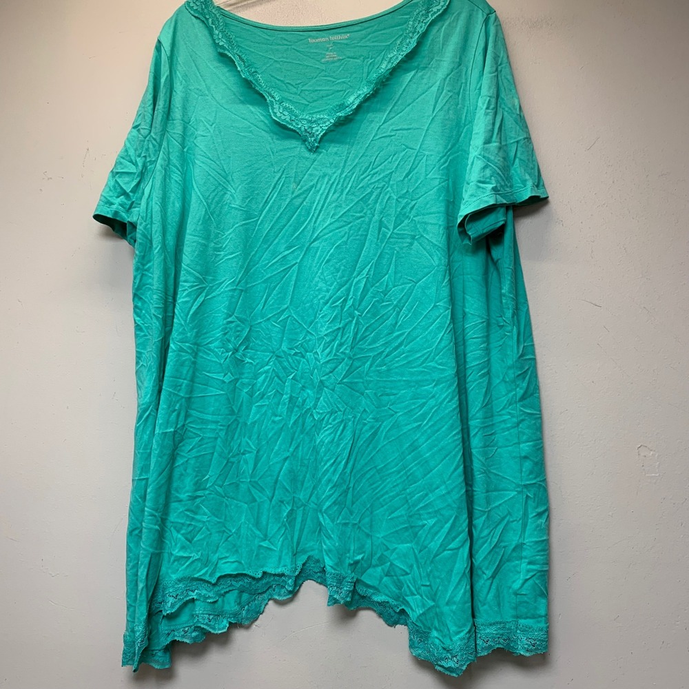 Woman Within Tunic Women 1X 22/24 Teal Excellent Lace Trim Handkerchief Hem Top